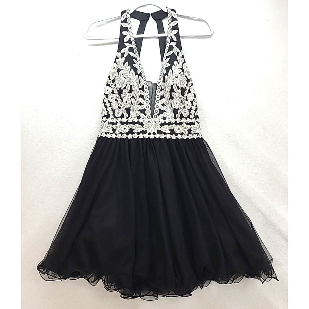 Blondie Nites Rhinestones Embroidered Halter Top Multi Tiered Dress Hoco Prom